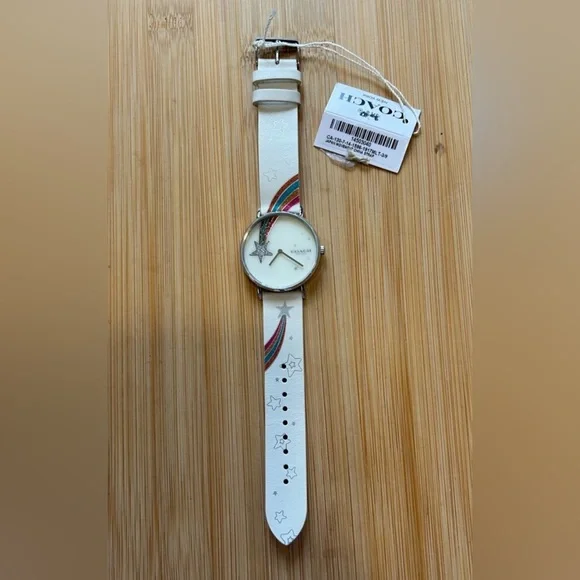COACH PERRY WATCH WITH 36MM WHITE RAINBOW STARS FACE & WHITE LEATHER BAND - Picture 4 of 5
